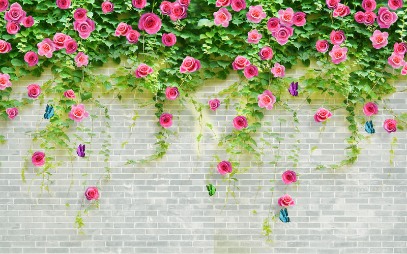 个性粉砖墙花背景图片，文艺清新JPG/PSD素材下载