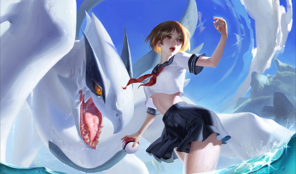 天空与海的交汇，鲨鱼游弋，学生制服美女身材迷人，精选4K动漫壁纸高清下载