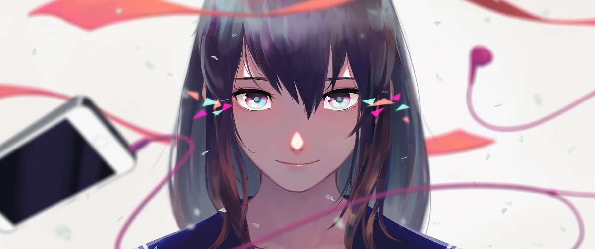 学生校服彩带设计，大眼睛动漫女孩手机壁纸，高清4K带鱼屏下载