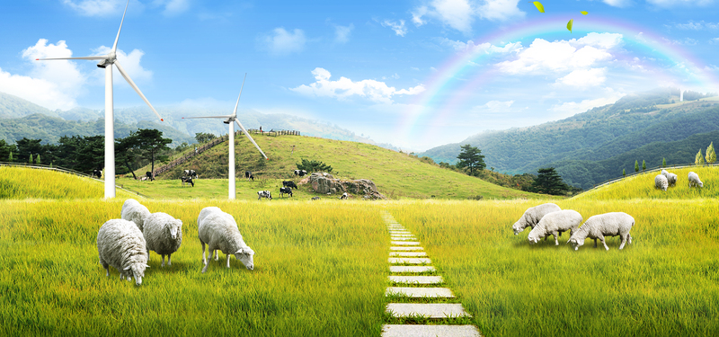 蓝天风力发电场景，清新绿草地与绵羊奶牛共绘自然画卷，山脉小径海报素材下载（高清JPG/PSD）
