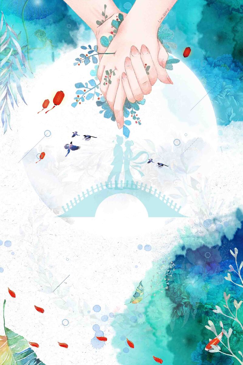 七夕浪漫鹊桥牵手图，唯美清新背景JPG/PSD设计素材下载