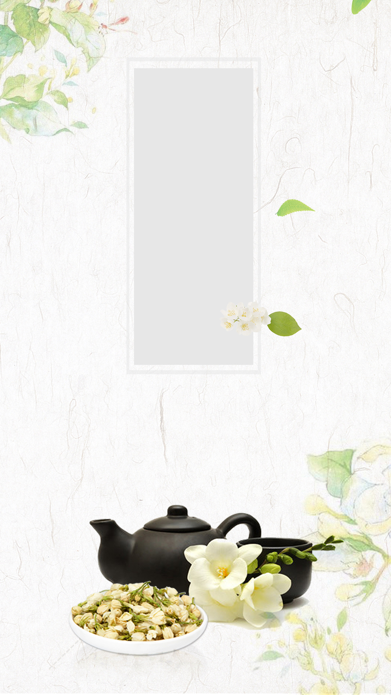 灰调手绘茉莉茶PSD分层图，文艺清新JPG素材，H5高清设计下载