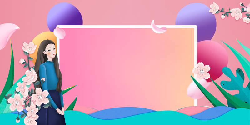 女神节桃花装饰，卡通人物背景图，高清JPG/PSD素材下载