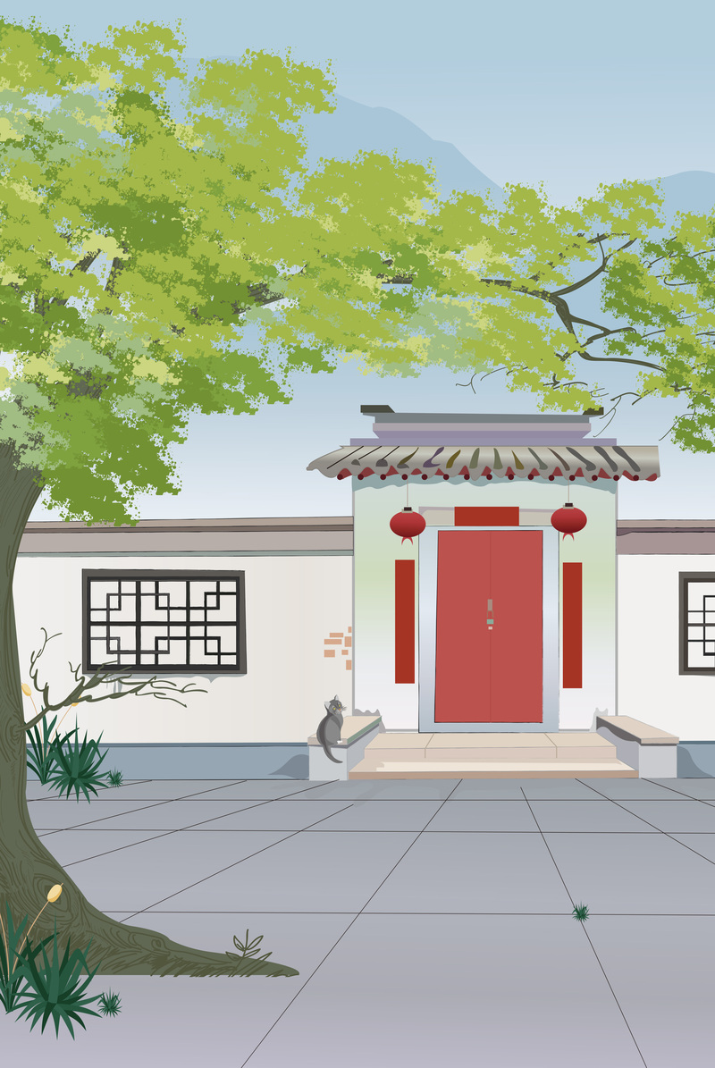夏日庭院清凉吃瓜，精美JPG卡通手绘AI设计素材下载