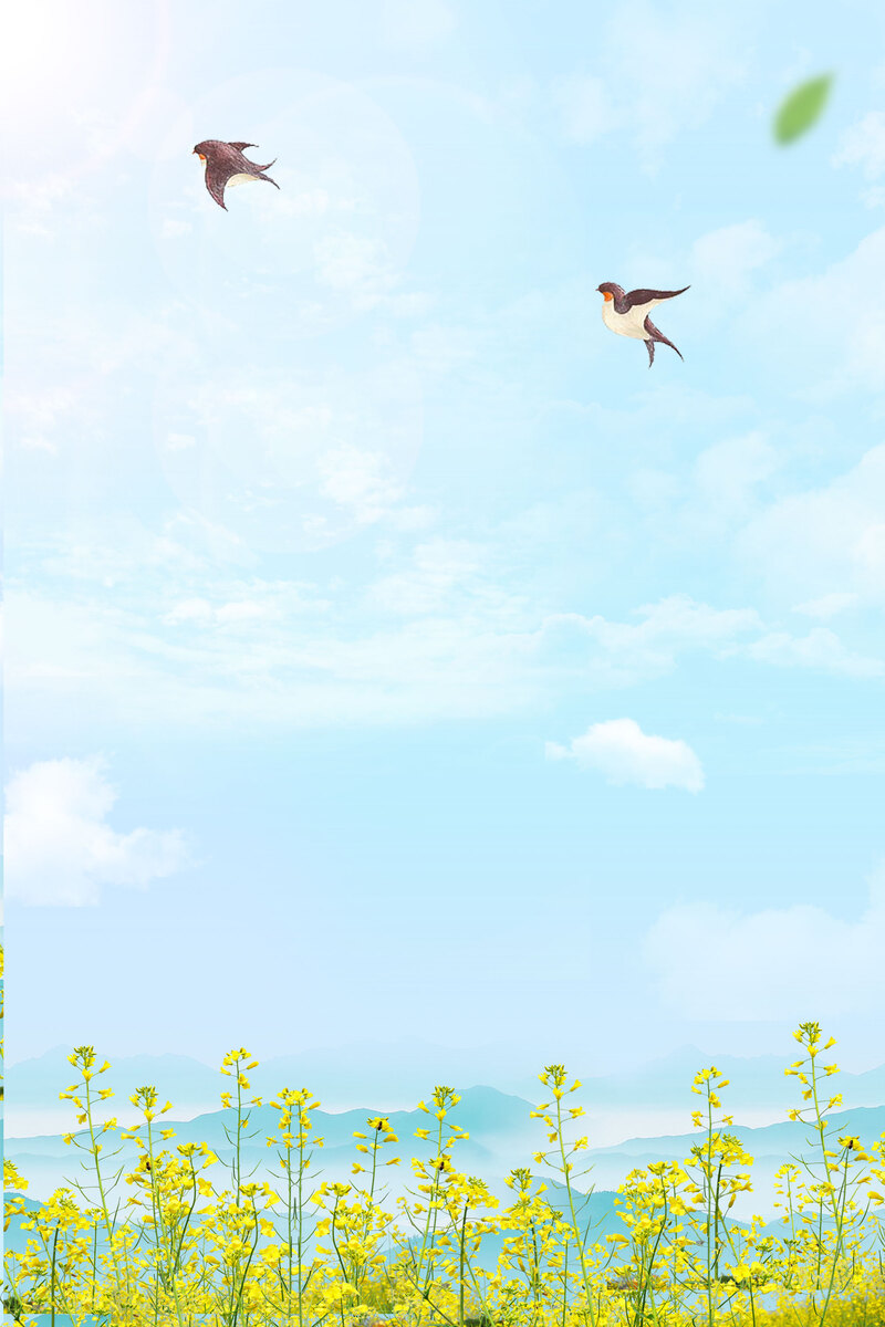 唯美浅蓝手绘春景，油菜花踏青高清JPG与PSD设计素材下载