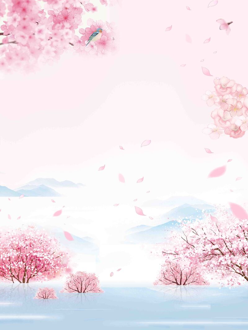 三月樱花季海报设计素材，高清JPG背景+卡通手绘PSD下载