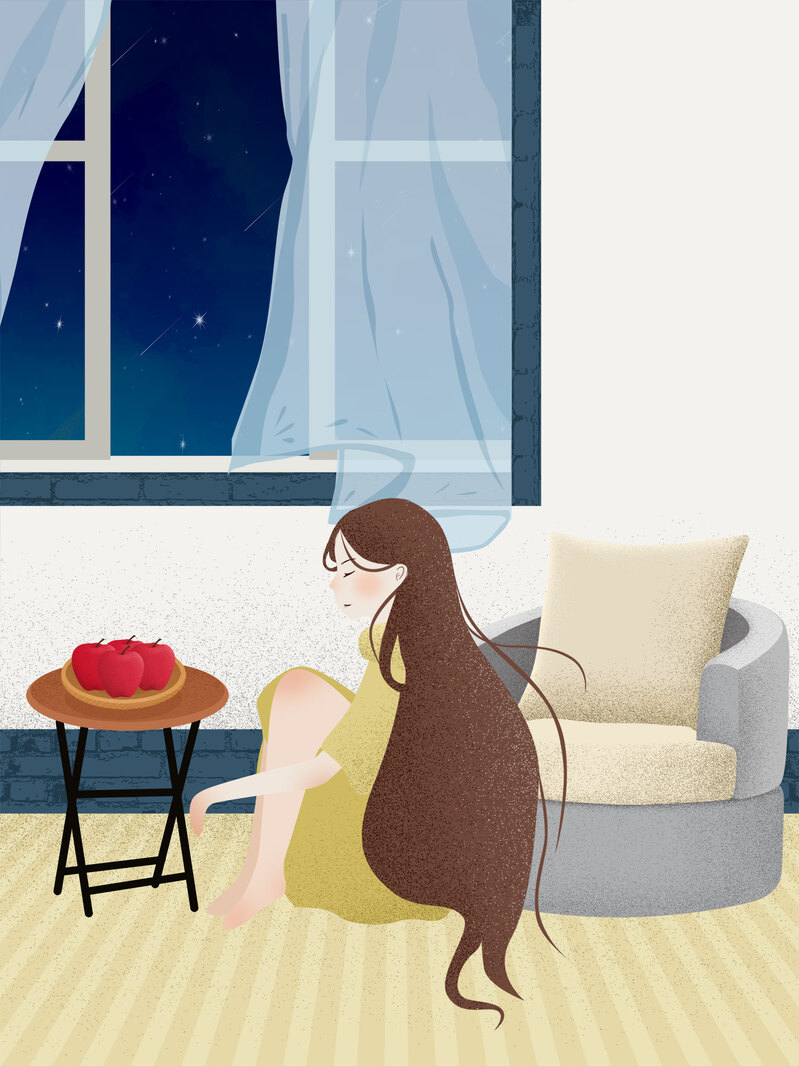 温馨手绘少女晚安插画，高清PSD+JPG设计素材，卡通手绘风格背景海报下载