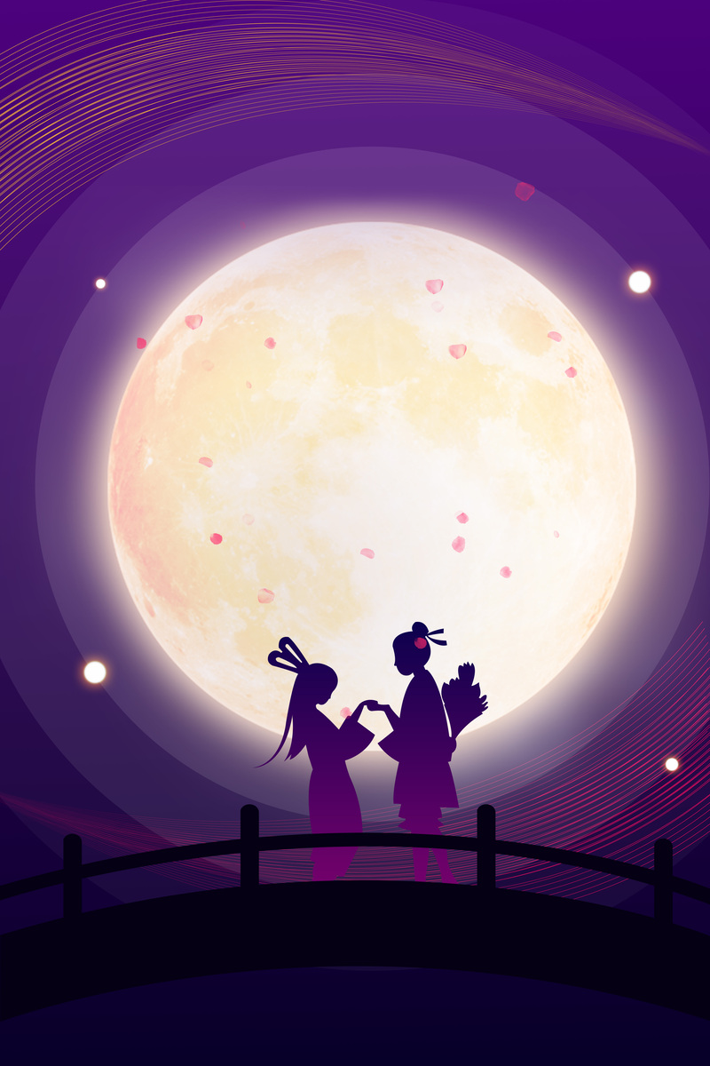 七夕赏月背景图，卡通手绘高清JPG/PSD设计素材下载
