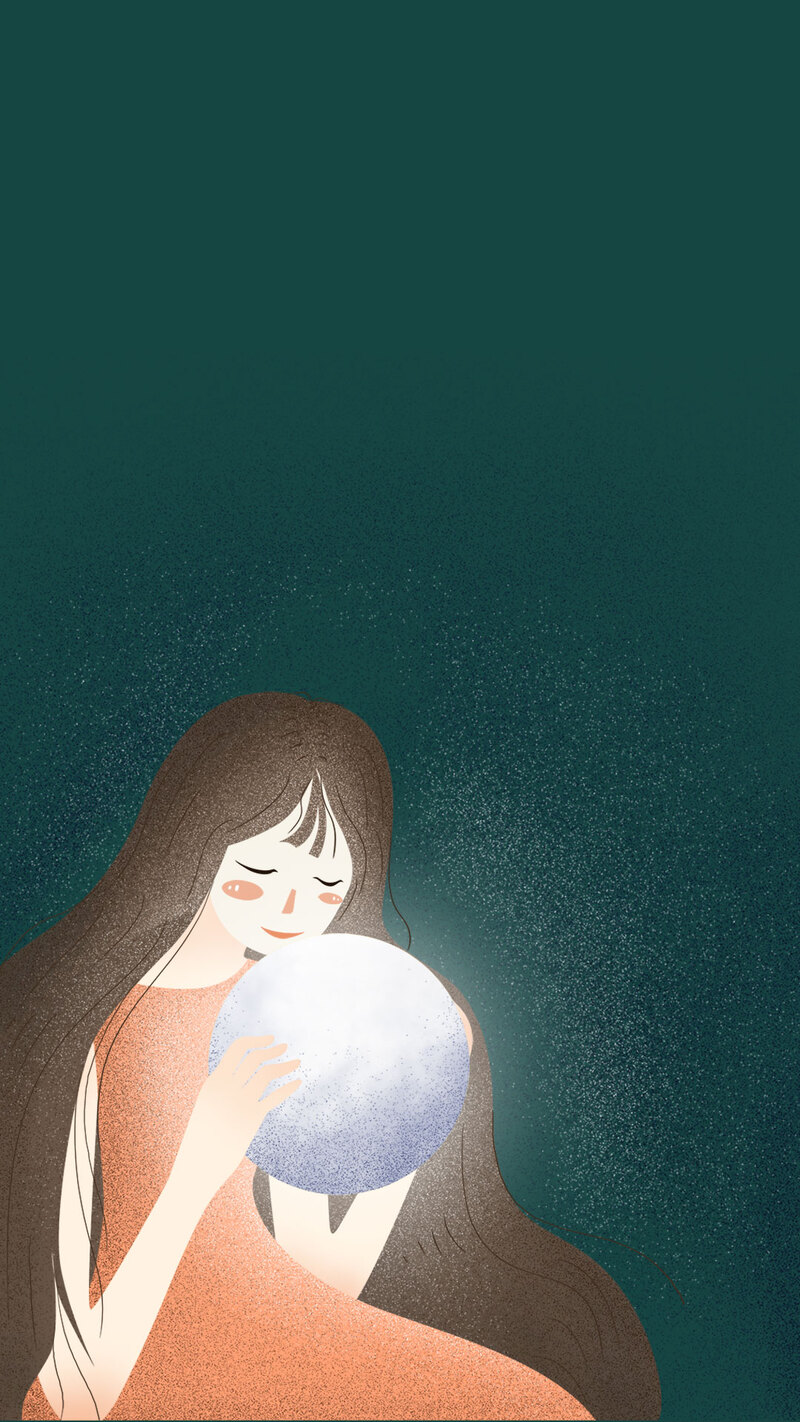 中秋夜星空手绘插画，月亮与家人，高清JPG/PSD设计素材下载