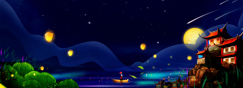 中秋浪漫月景，卡通手绘夜空高清JPG/PSD设计素材下载