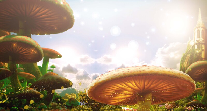 梦幻蘑菇宝宝相册背景，高清JPG+PSD设计素材，卡通手绘风