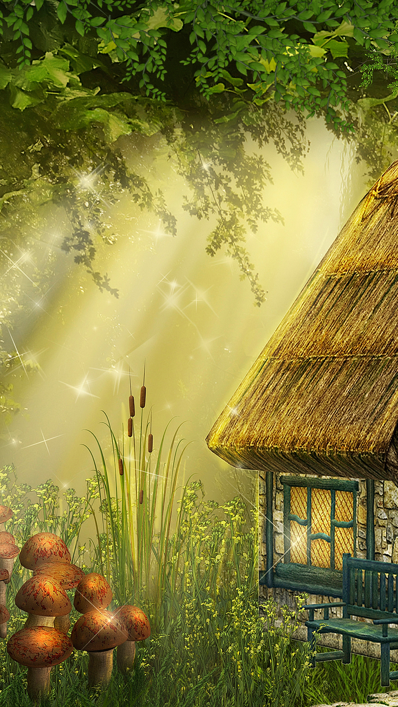 森林小屋H5背景图，卡通手绘JPG素材高清下载
