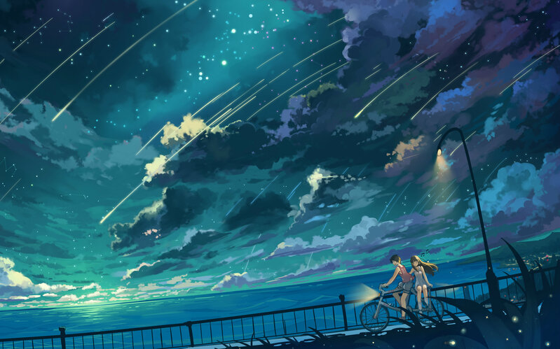 双人夜空高清JPG，卡通手绘素材，一键下载