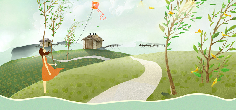春游手绘柳树卡通banner，高清JPG/PSD设计素材下载