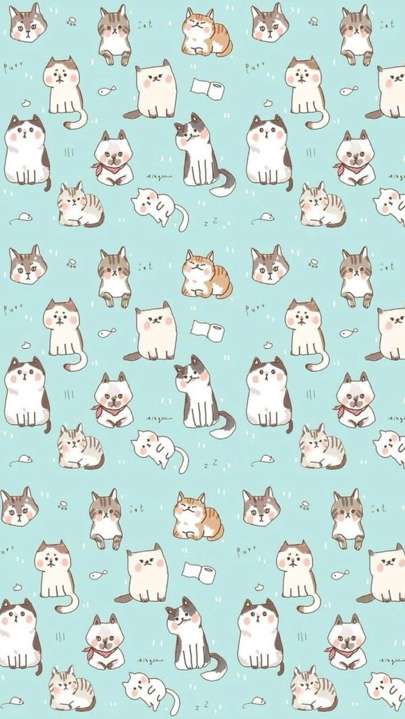 可爱蓝色卡通猫咪壁纸，高清JPG广告素材，手绘风格，免费下载