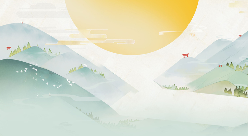 手绘山峰日出插画，高清JPG平面广告素材，卡通手绘风格，免费下载