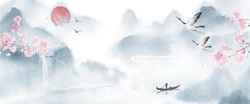 清明节气水墨古风淡雅背景，高清JPG图片素材，卡通手绘风格，免费下载