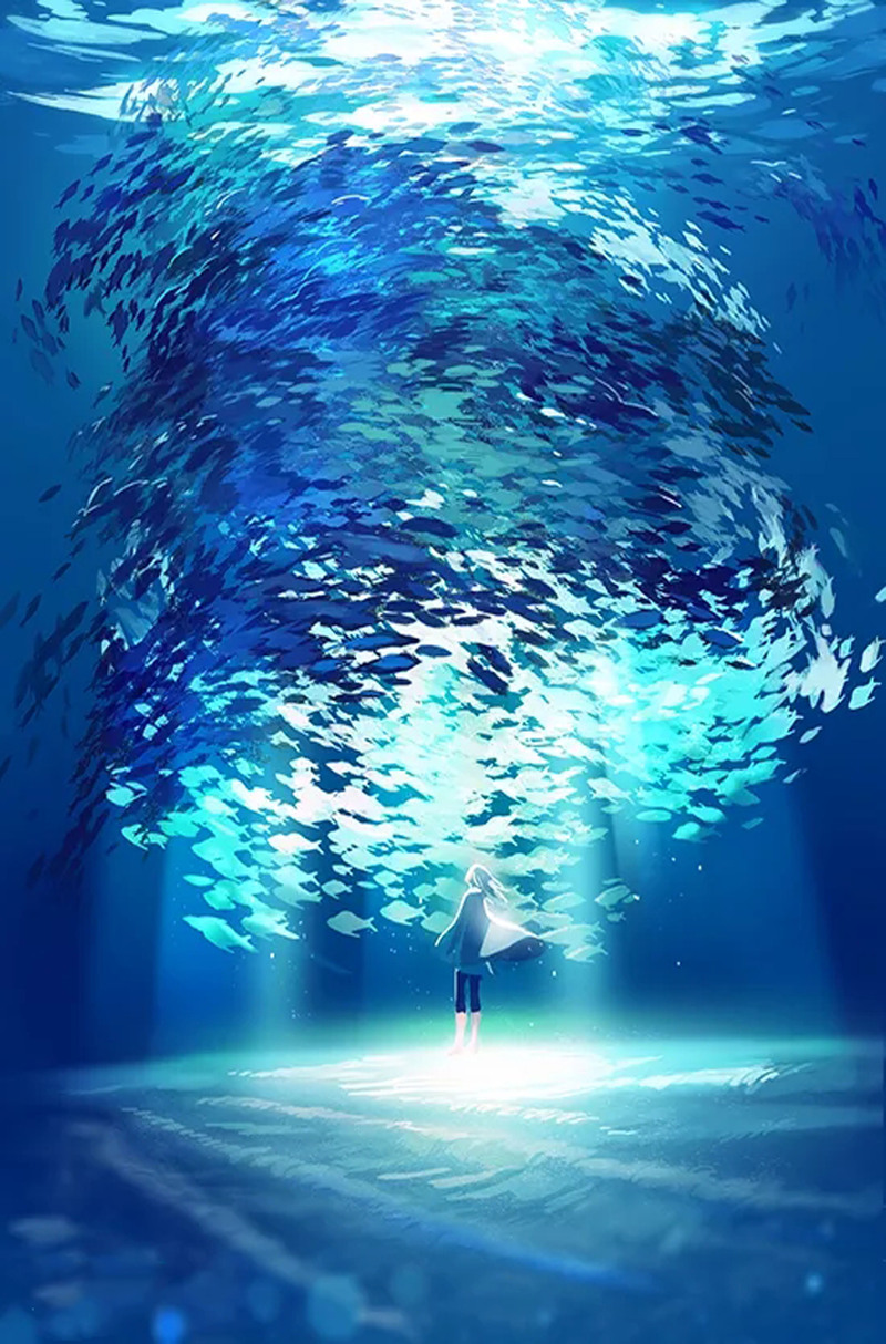 卡通手绘蓝色海洋海报设计素材，高清JPG与PSD格式下载