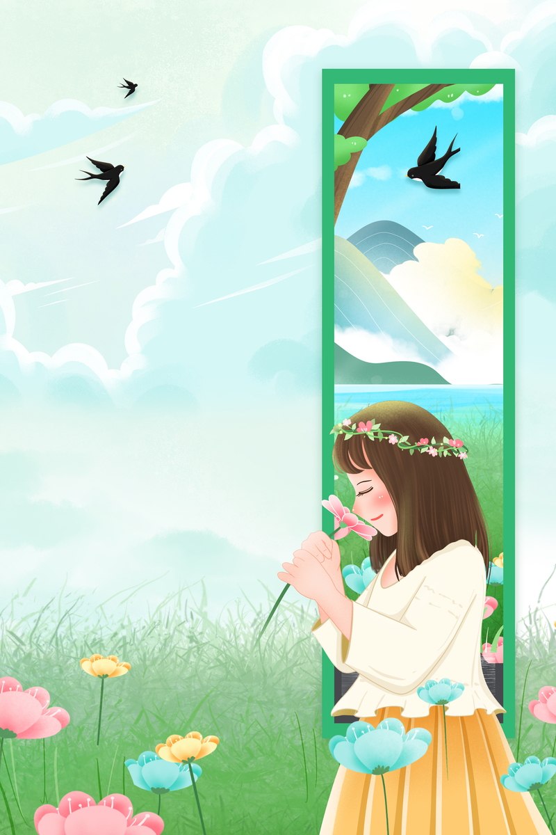 手绘春天燕子花环背景图，高清JPG与PSD设计素材下载
