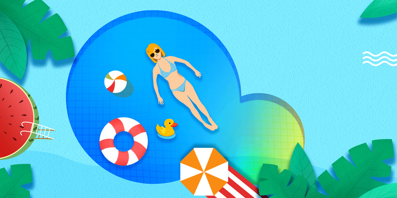 手绘泳池西瓜夏日元素高清图，JPG/PSD卡通手绘素材下载