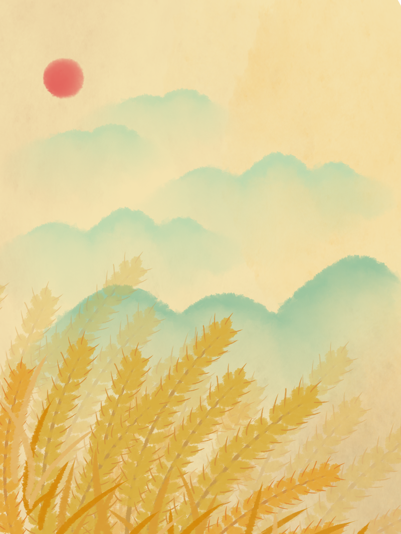 夏日立夏节气美景，太阳、麦子与青山卡通手绘JPG/PSD设计素材下载