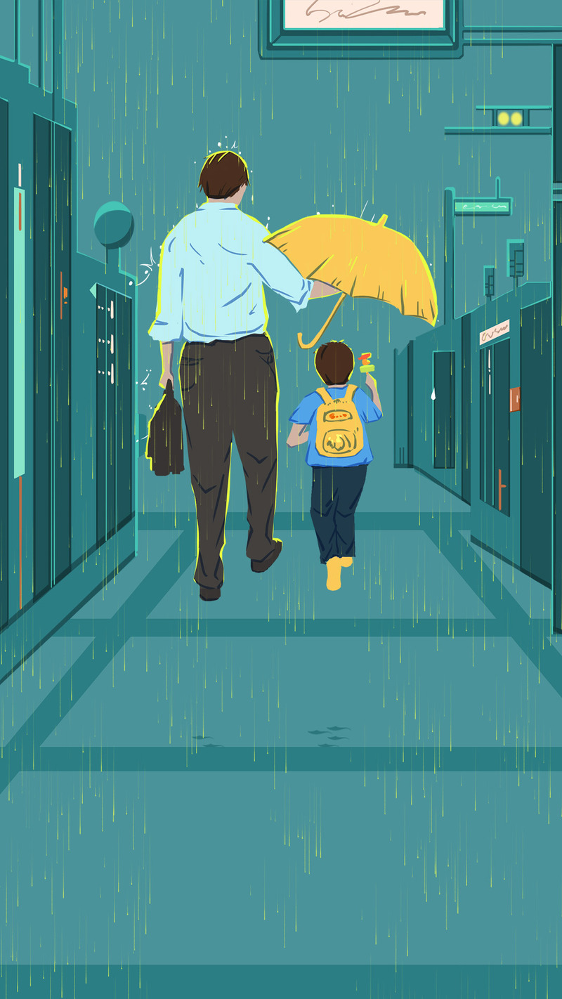 父亲节温馨撑伞背景，高清JPG/PSD卡通手绘设计素材下载
