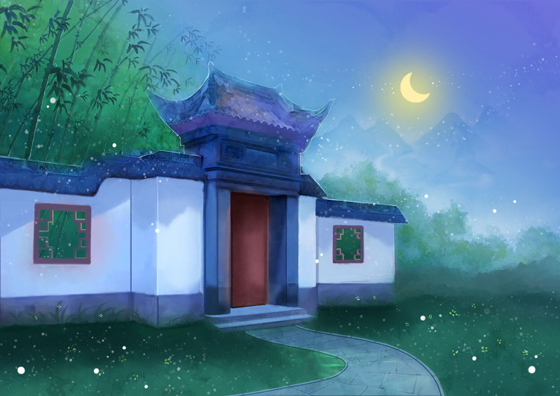 古风插画夜晚海报PSD背景，高清JPG素材，手绘卡通设计下载