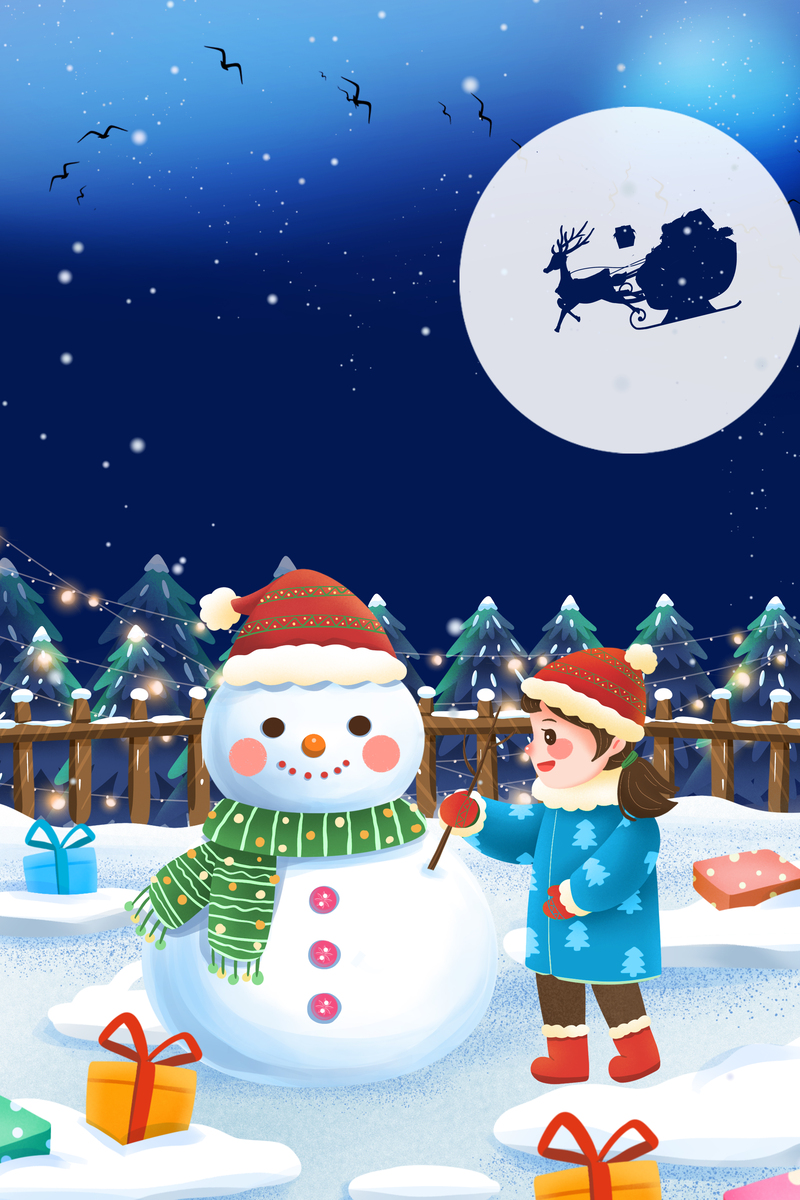 手绘卡通圣诞节堆雪人背景图，高清JPG/PSD格式设计素材下载
