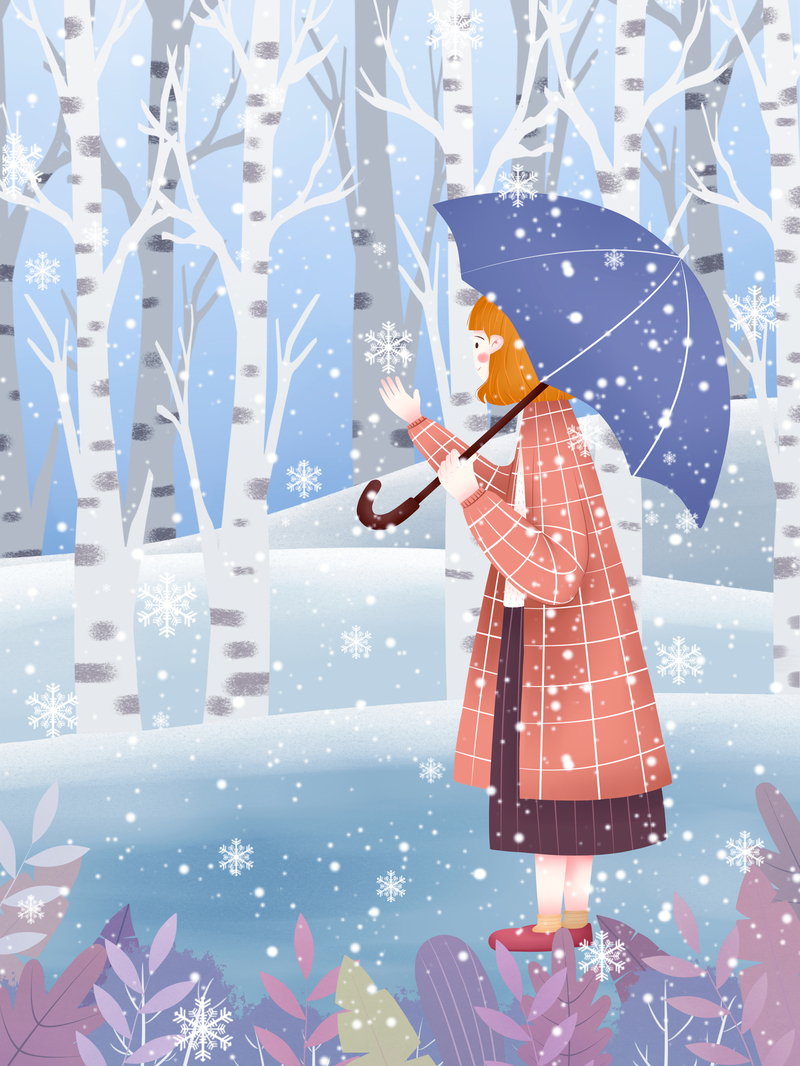 冬日手绘人物雪景漫步背景图，高清JPG与PSD设计素材下载
