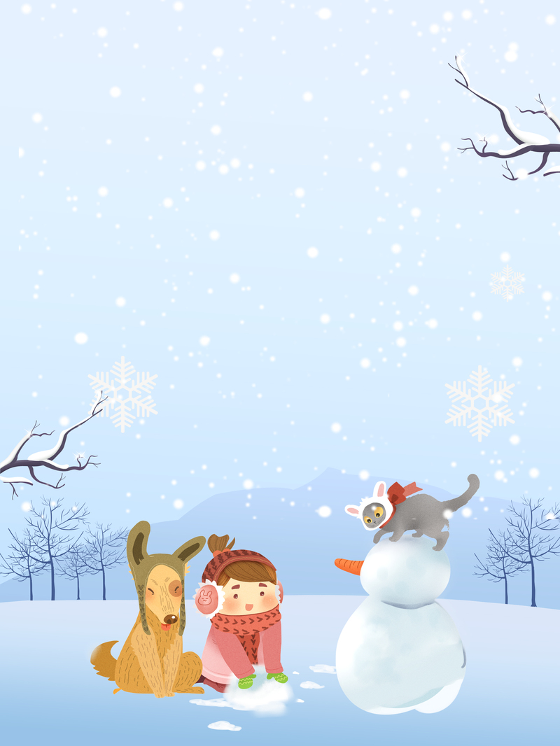 冬季卡通人物堆雪人高清背景图，JPG与PSD格式下载，手绘卡通设计素材精选