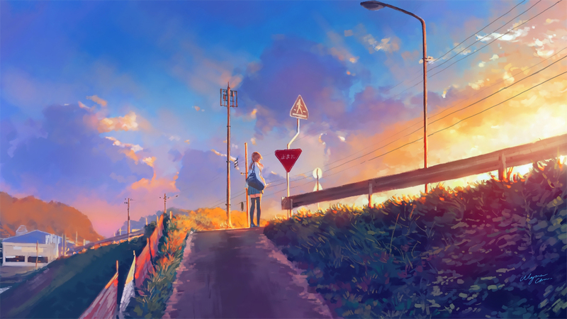 夕阳等待图，卡通手绘JPG高清素材，免费下载