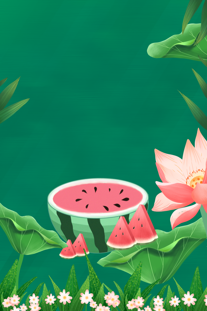 夏至美景，西瓜荷花荷叶卡通手绘图片，高清JPG/PSD素材下载