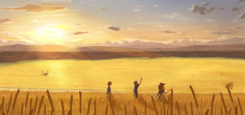 卡通手绘夕阳田地背景JPG高清素材，免费下载设计资源