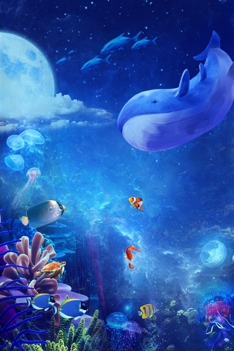 唯美海底世界，水族馆海报PSD与JPG素材，卡通手绘风格，高清下载