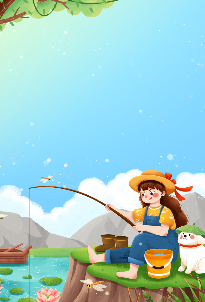 夏日垂钓手绘背景图，高清JPG与PSD设计素材下载