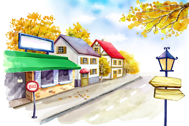 幼儿园手绘插画，秋天街道建筑路灯，JPG/PSD格式高清素材下载