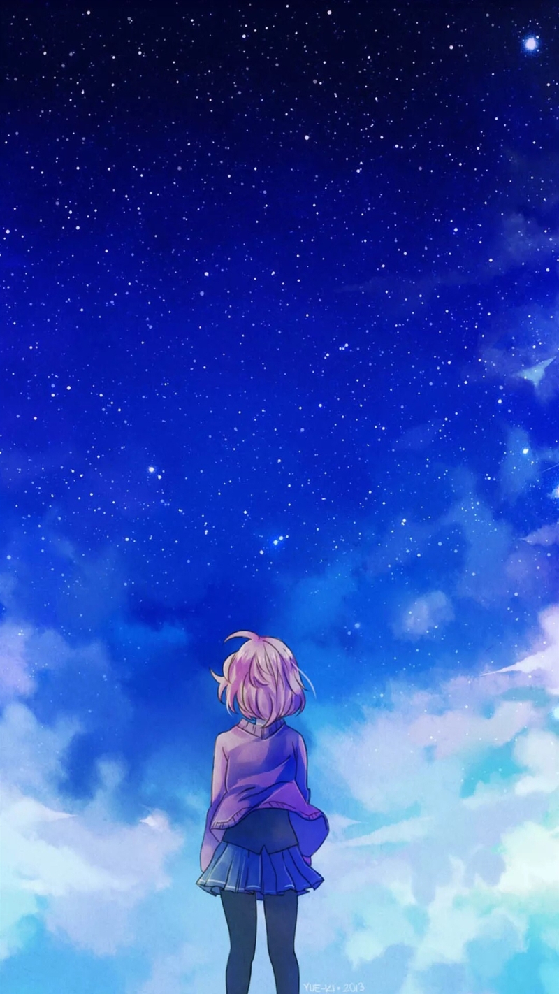 仰望星空女孩H5背景图，卡通手绘JPG高清素材下载