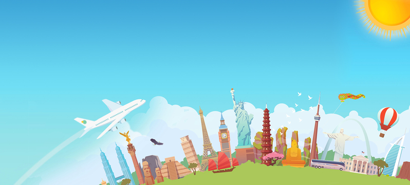 清新蓝调卡通国际旅行Banner，高清JPG素材下载