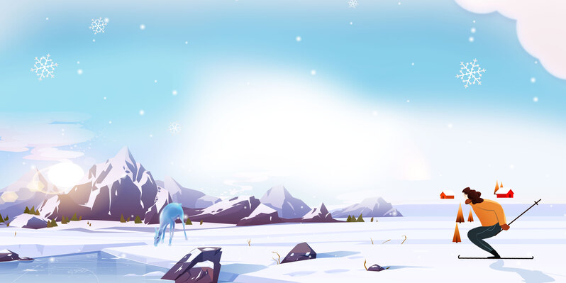 冬季手绘雪山背景，滑雪元素高清JPG与手绘PSD设计素材下载
