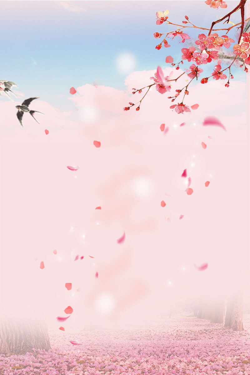 粉色春韵，桃花盛开手绘背景图，唯美高清JPG素材下载