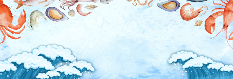 蓝色海浪海鲜美食季，龙虾螃蟹手绘PSD素材高清下载
