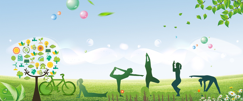 健康生活卡通图，绿色草地Banner，高清JPG/手绘PSD，设计素材下载