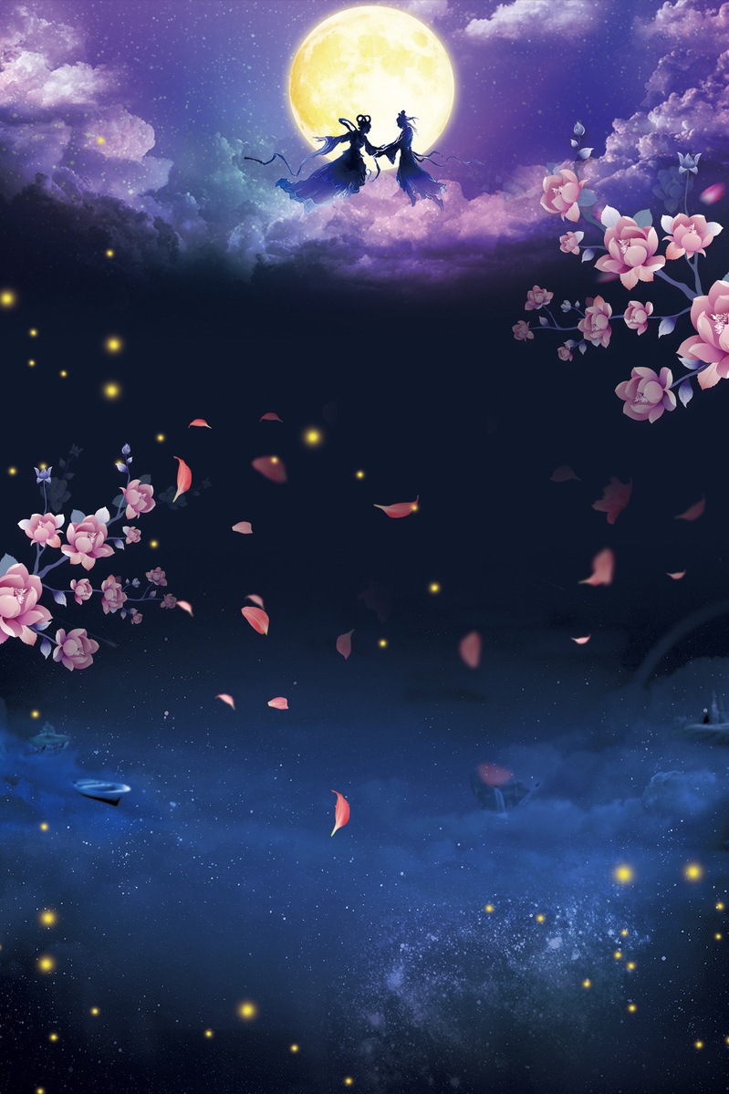 七夕情人节海报设计素材，高清JPG背景+卡通手绘PSD下载
