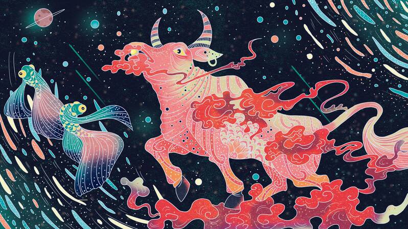 2021牛年吉祥，年年有鱼卡通插画，高清JPG/PSD格式设计素材下载