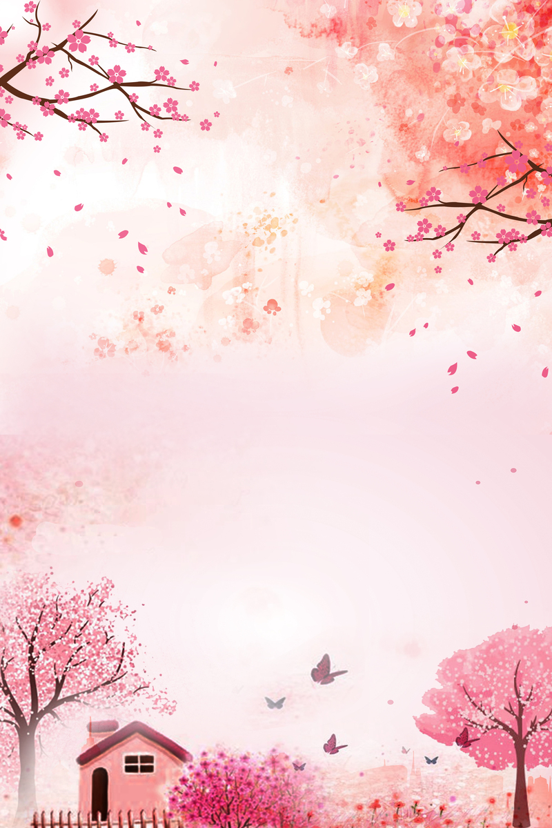 春天红色花海卡通手绘JPG/PSD设计素材，高清海报背景下载