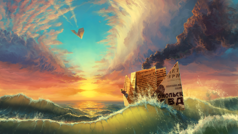 手绘纸飞机、纸船，大浪夕阳天空，高清JPG卡通手绘素材下载