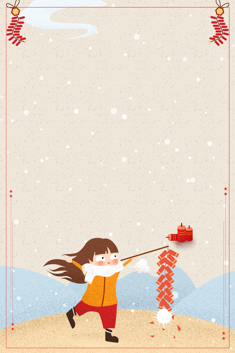 新年鞭炮卡通图案，黄色雪花背景高清JPG/手绘PSD设计素材下载