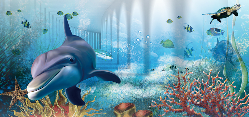 夏日童趣蓝色水族馆海报背景，卡通手绘JPG/PSD设计素材下载