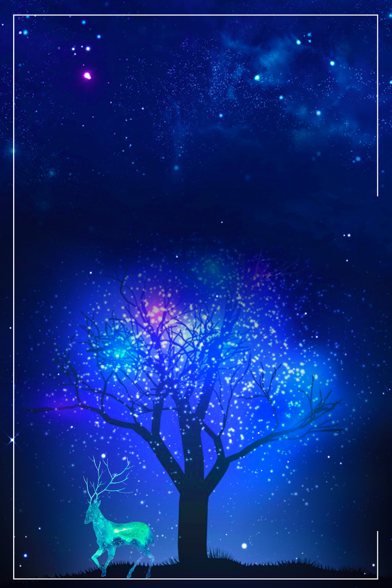 蓝色梦幻森林海报背景，卡通手绘JPG/PSD设计素材，高清下载