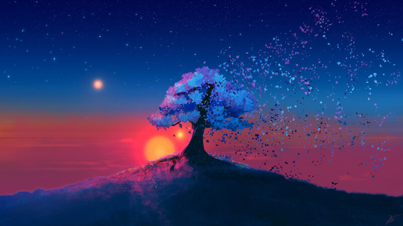 夕阳红树木唯美插画，高清JPG卡通/手绘素材，一键下载